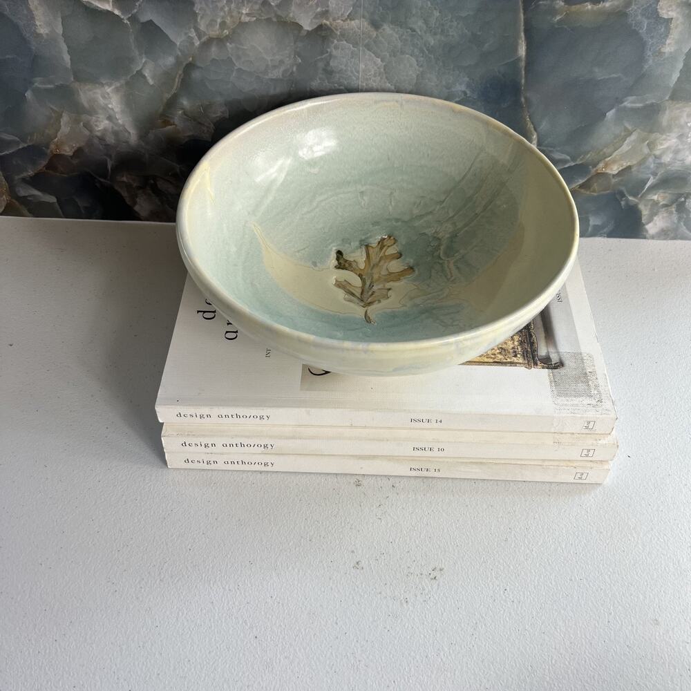 Studio Art Pottery Bowl 7" Blue Leaf Motif Glazed Marked By Artist
